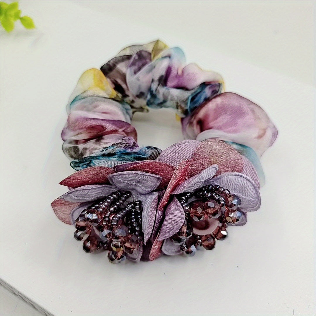 Beaded Flower Scrunchies Organza Hair Tie Colorful Hair Rope Faux Pearl Hair Rin