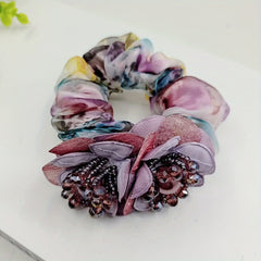 Beaded Flower Scrunchies Organza Hair Tie Colorful Hair Rope Faux Pearl Hair Rin