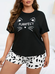  Cat & Letter Graphic Tee + Dalmatian Print Shorts Pajama Set