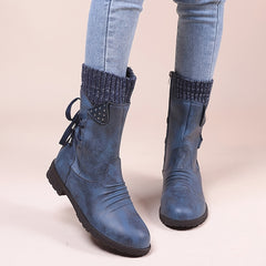 Knitted & Faux Leather Panel Boots Tie Back Side Zip Boots