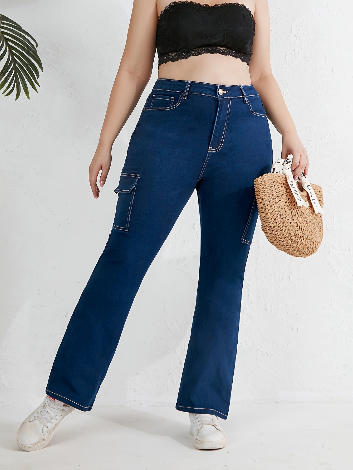  Casual Jeans Women's Plus Solid High Rise Cargo Jeans
