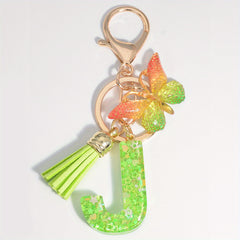 Resin Initial Letter Keychain with Butterfly Sequin Tassel Pendant