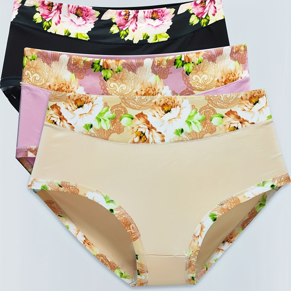3pcs Floral Print Briefs Comfy Breathable Intimates Panties Women's Lingerie