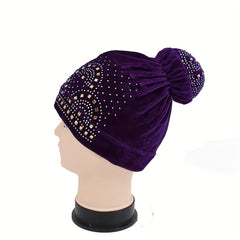Pom Pom Rhinestone Turban Velvet Head Wrap Chemo Cap