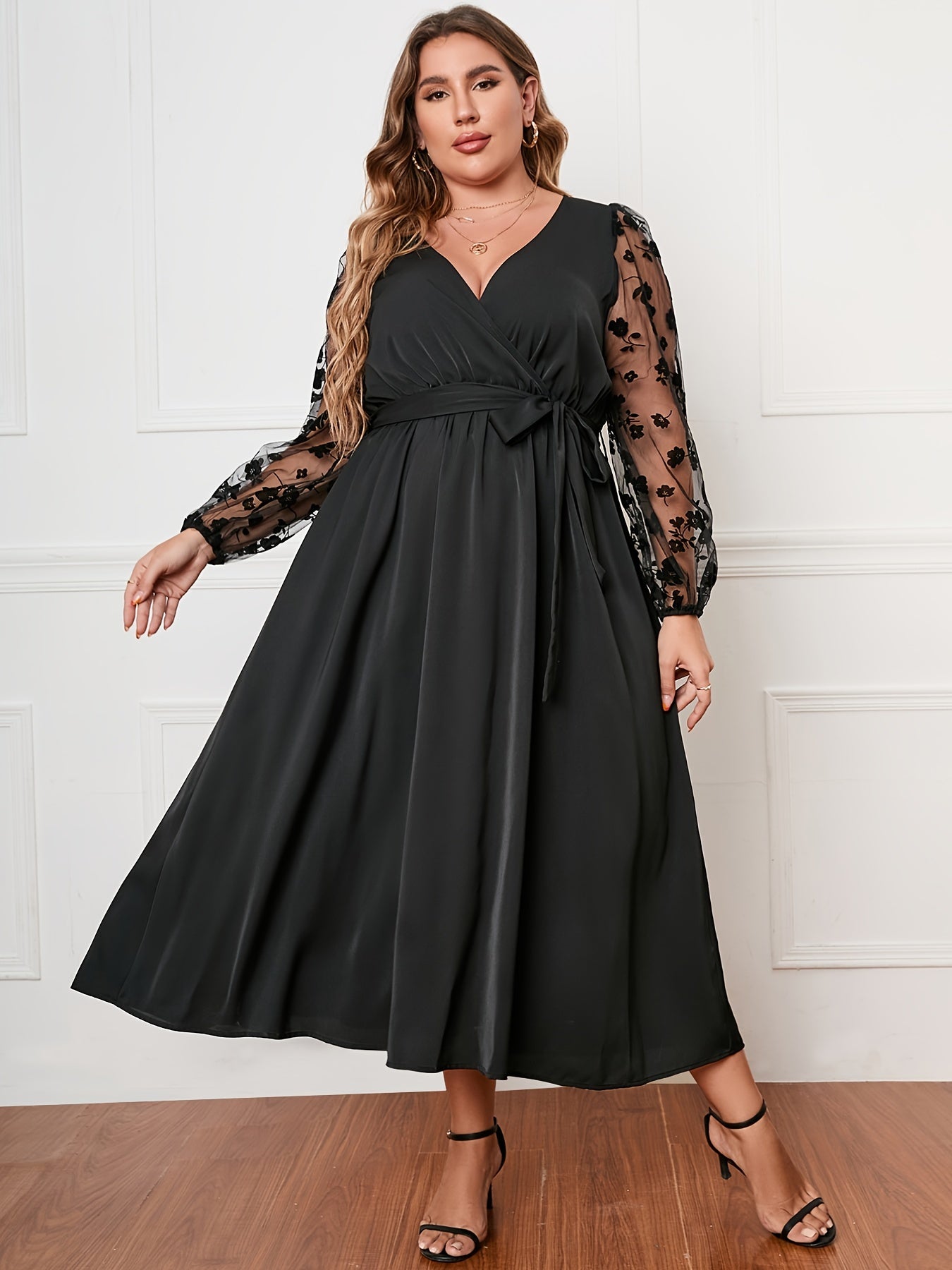 Floral Jacquard Mesh Long Sleeve Dress Plus Size Women's Dress