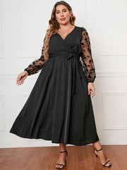 Floral Jacquard Mesh Long Sleeve Dress Plus Size Women's Dress