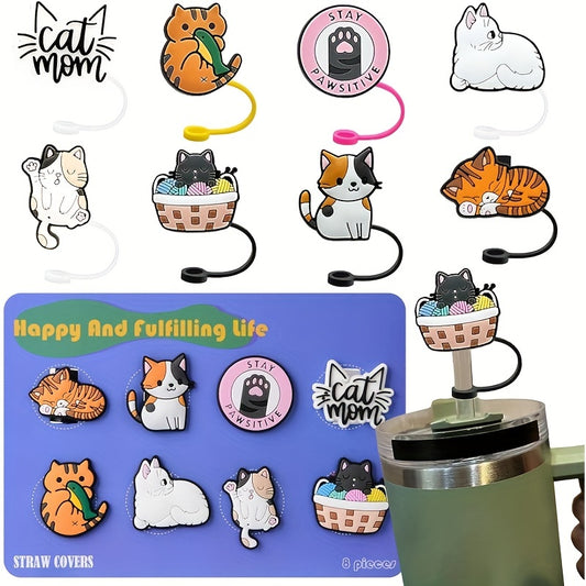 8pcs Cartoon Cat Straw Covers Reusable Silicone Drinking Straw Stopper