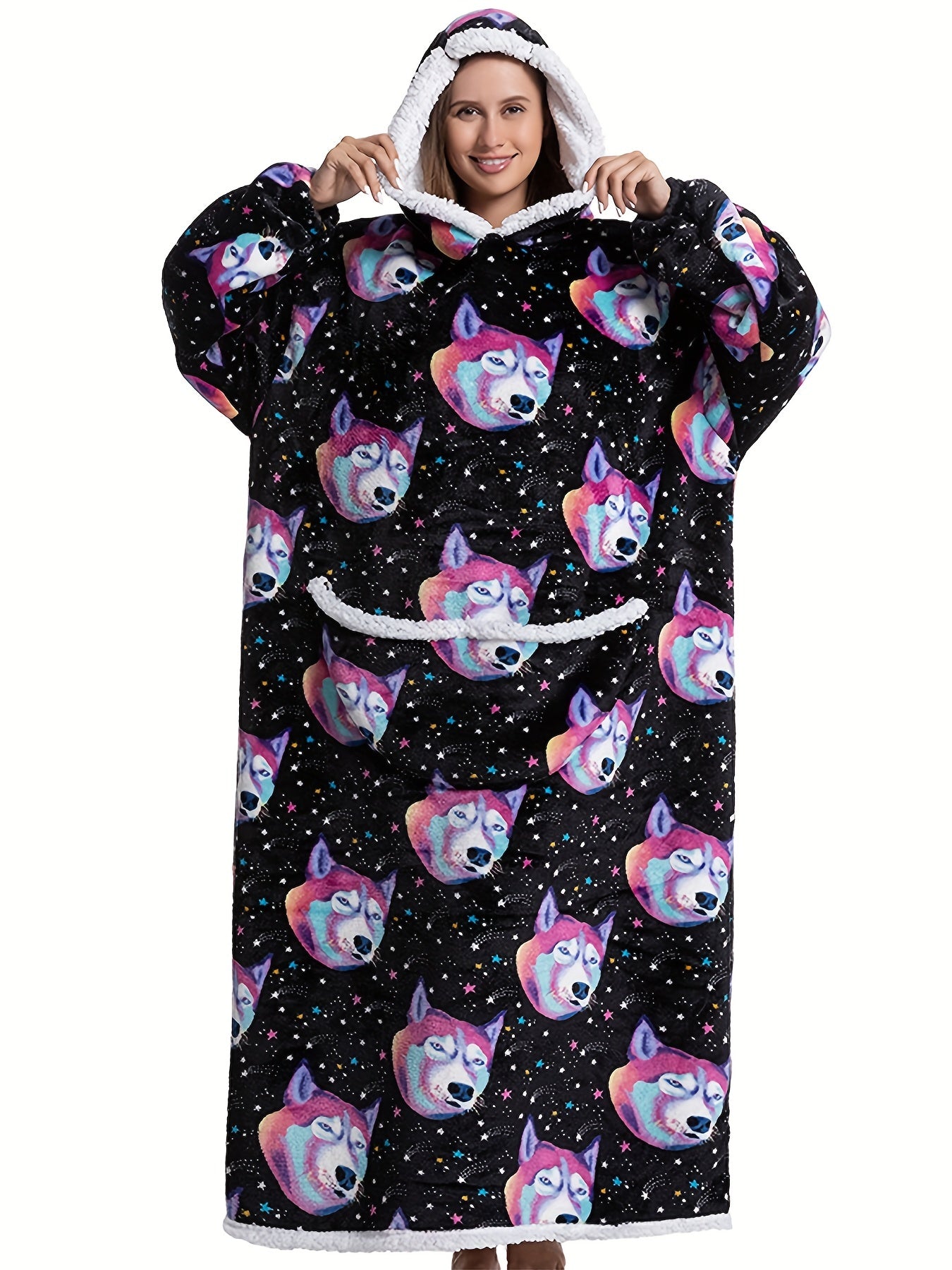  Raccoon Pattern Sherpa Fleece Hooded Long Robe