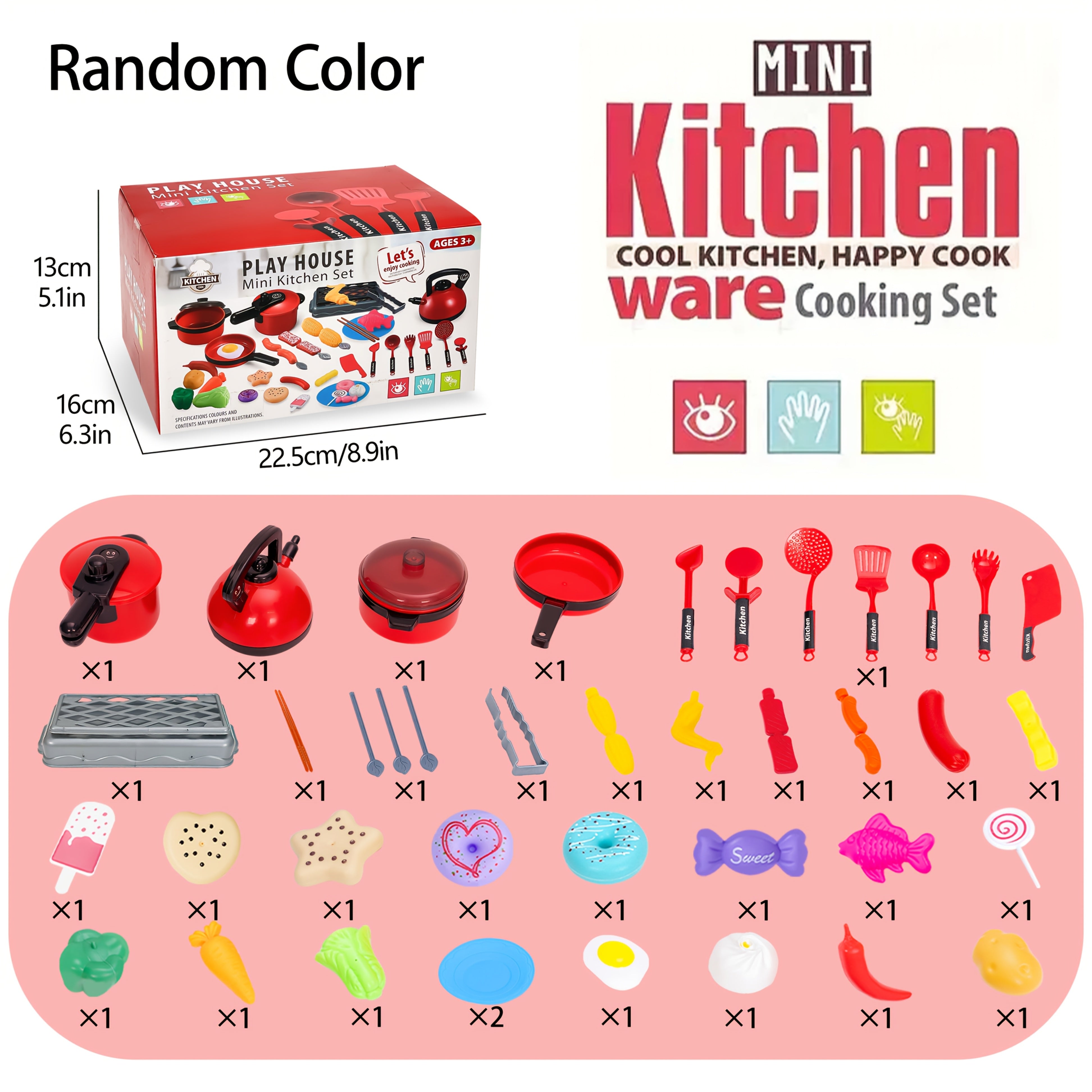 Interactive Kids Kitchen Playset with Red Stove Non Toxic Pretend Cooking