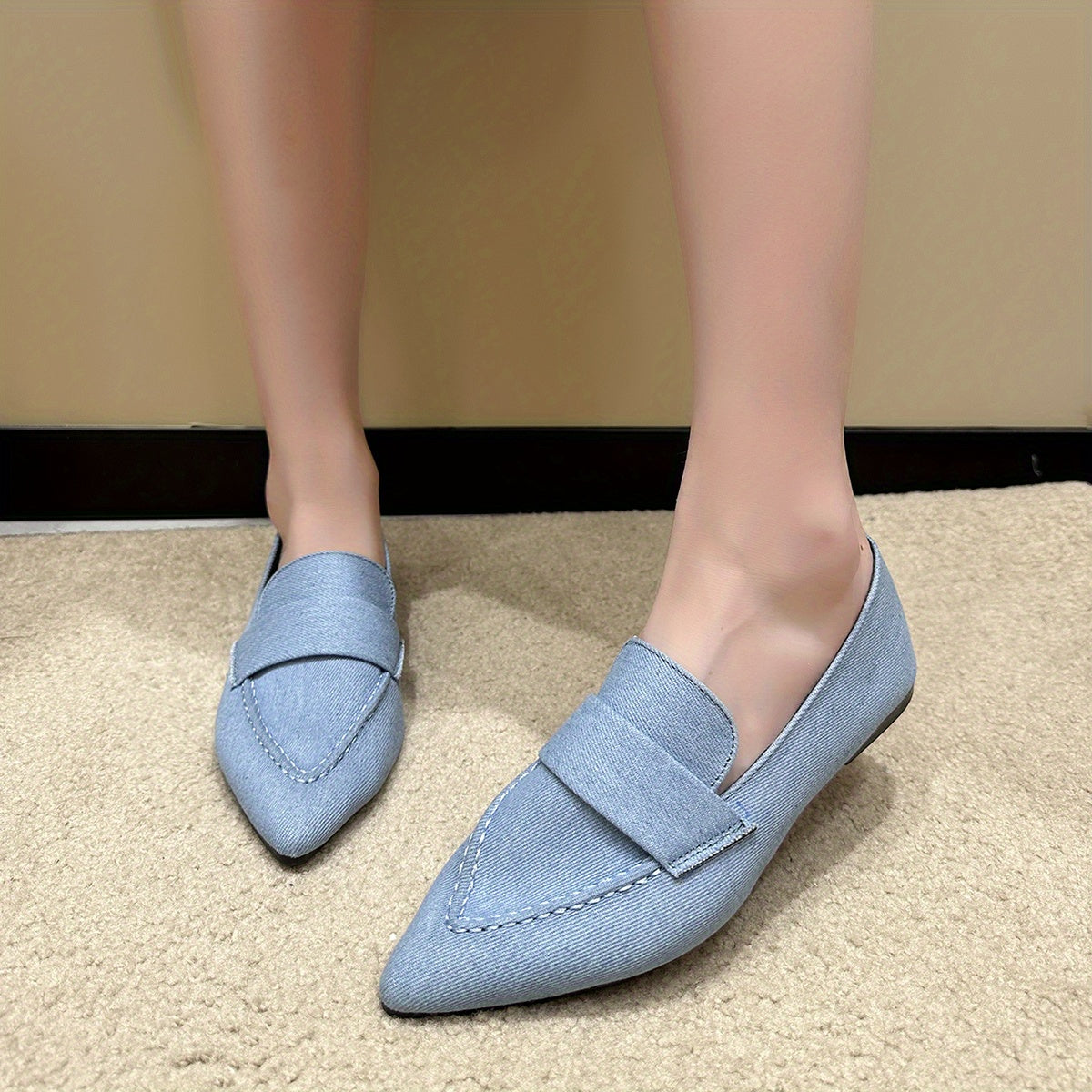 Women's Denim Flat Slip-On Shoes Pointed Toe Soft Sole Casual Walking Flats