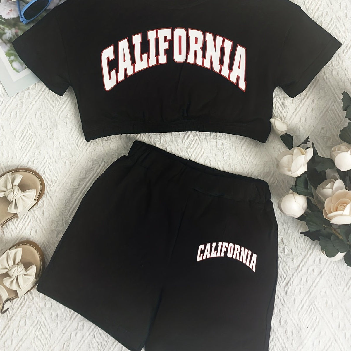 California Letter Print Two piece Set Short Sleeve Crop Top & Shorts Casual
