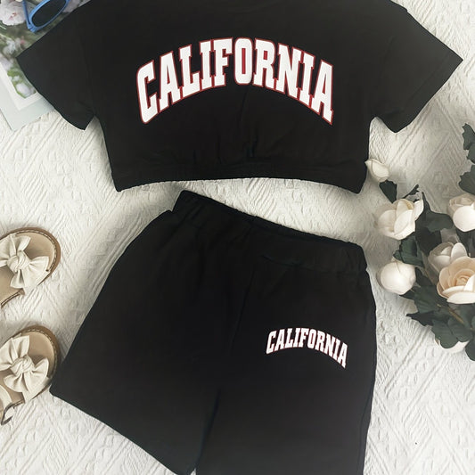 California Letter Print Two piece Set Short Sleeve Crop Top & Shorts Casual
