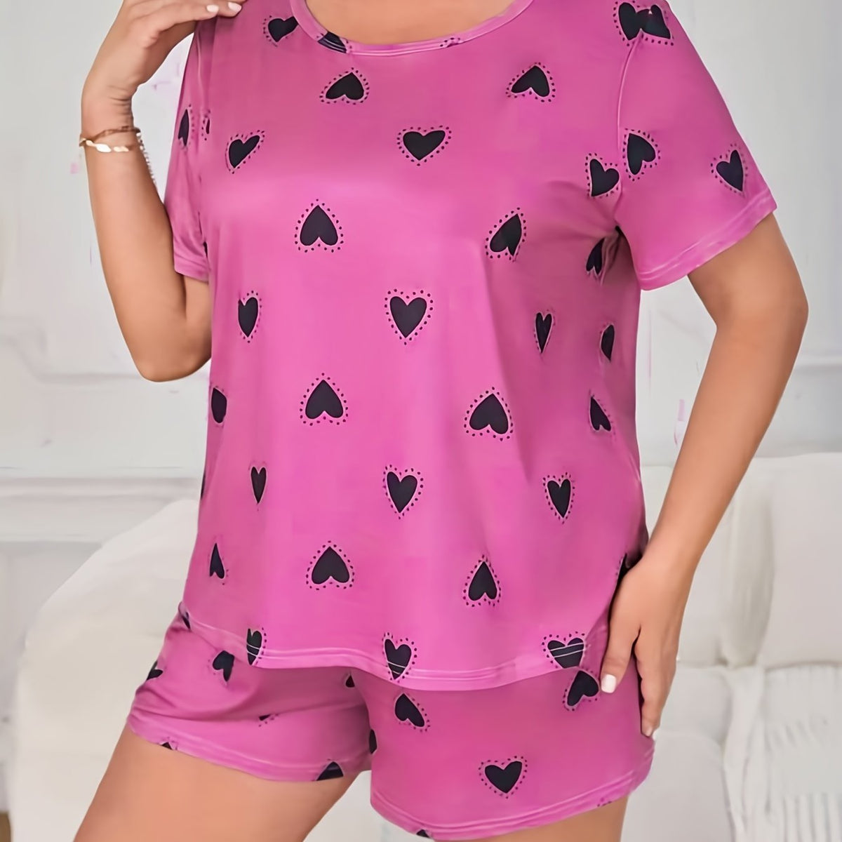  Women's Dot Heart Print Tee & Shorts Lounge Set