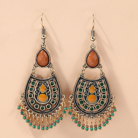 Boho Birthstone Tassel Drop Earrings Silver Plated Vintage Decor