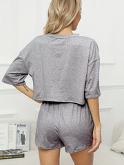 Solid Lounge Set Crew Neck Short Sleeve Top & Elastic Waistband Shorts