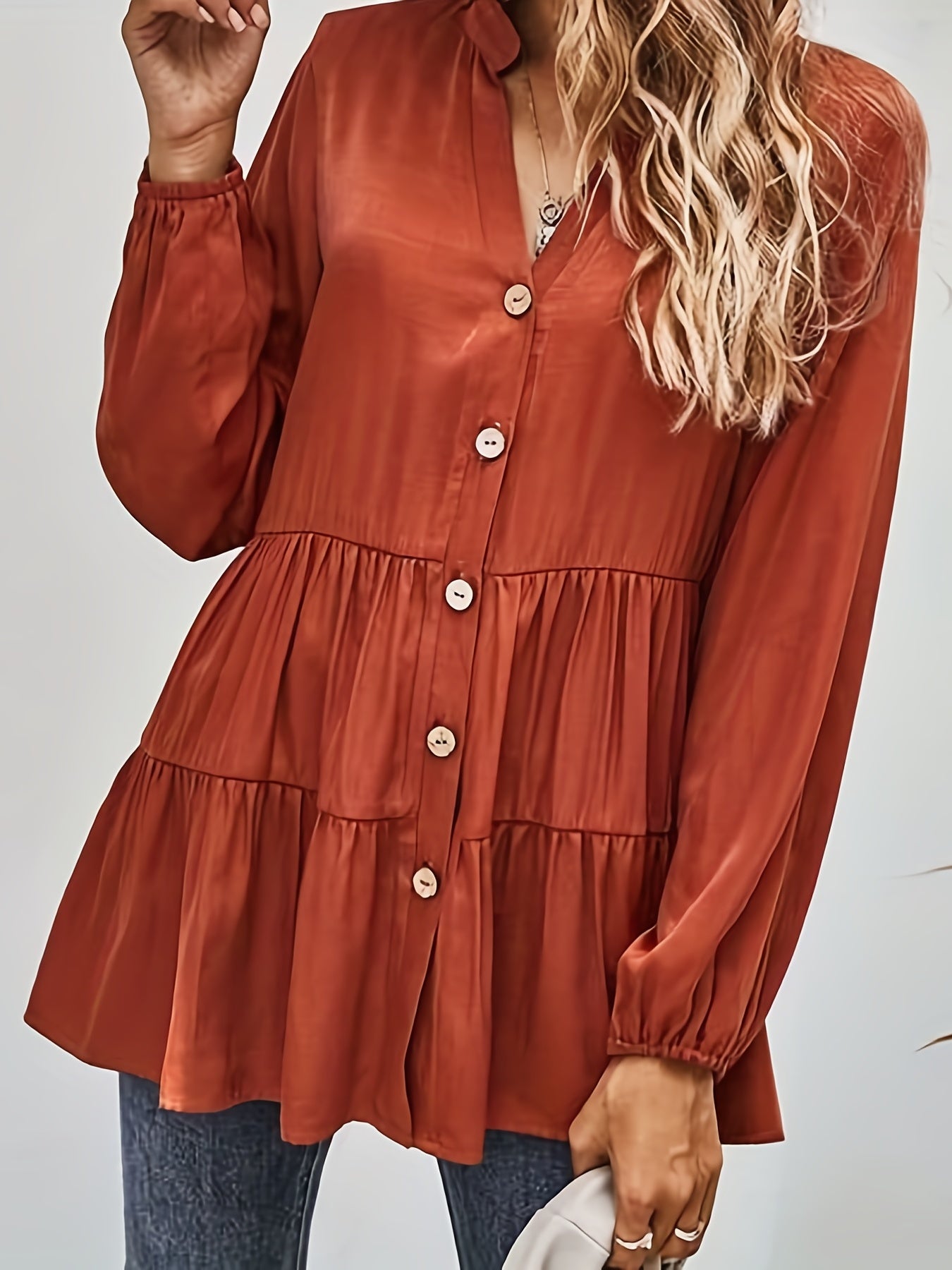  Solid Button Up Mock Neck Babydoll Top