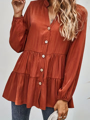  Solid Button Up Mock Neck Babydoll Top