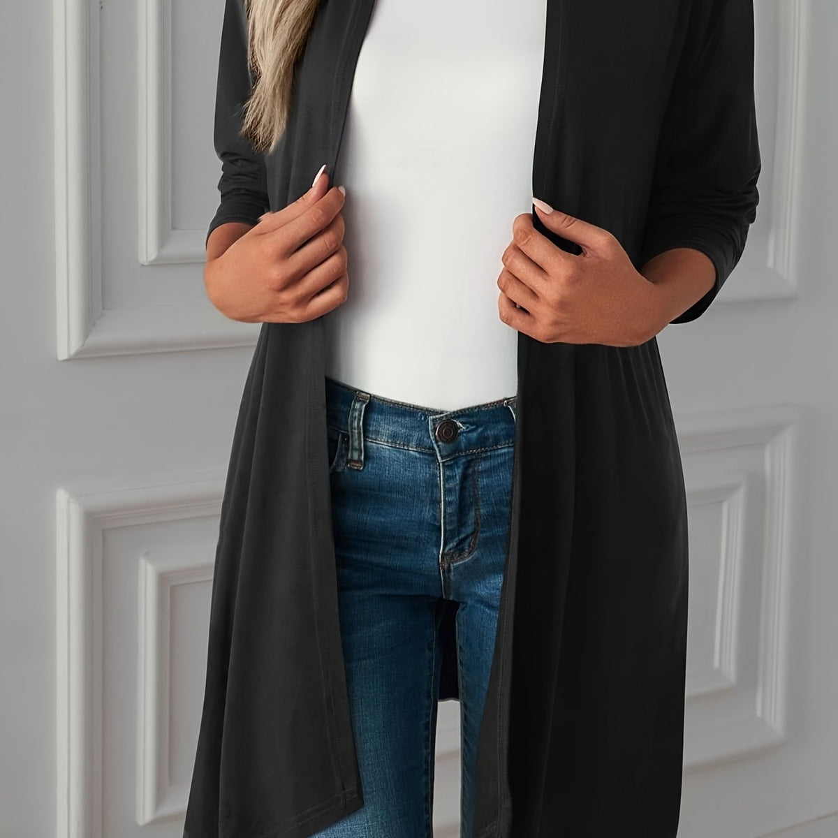  Solid Long Sleeve Open Front Cardigan