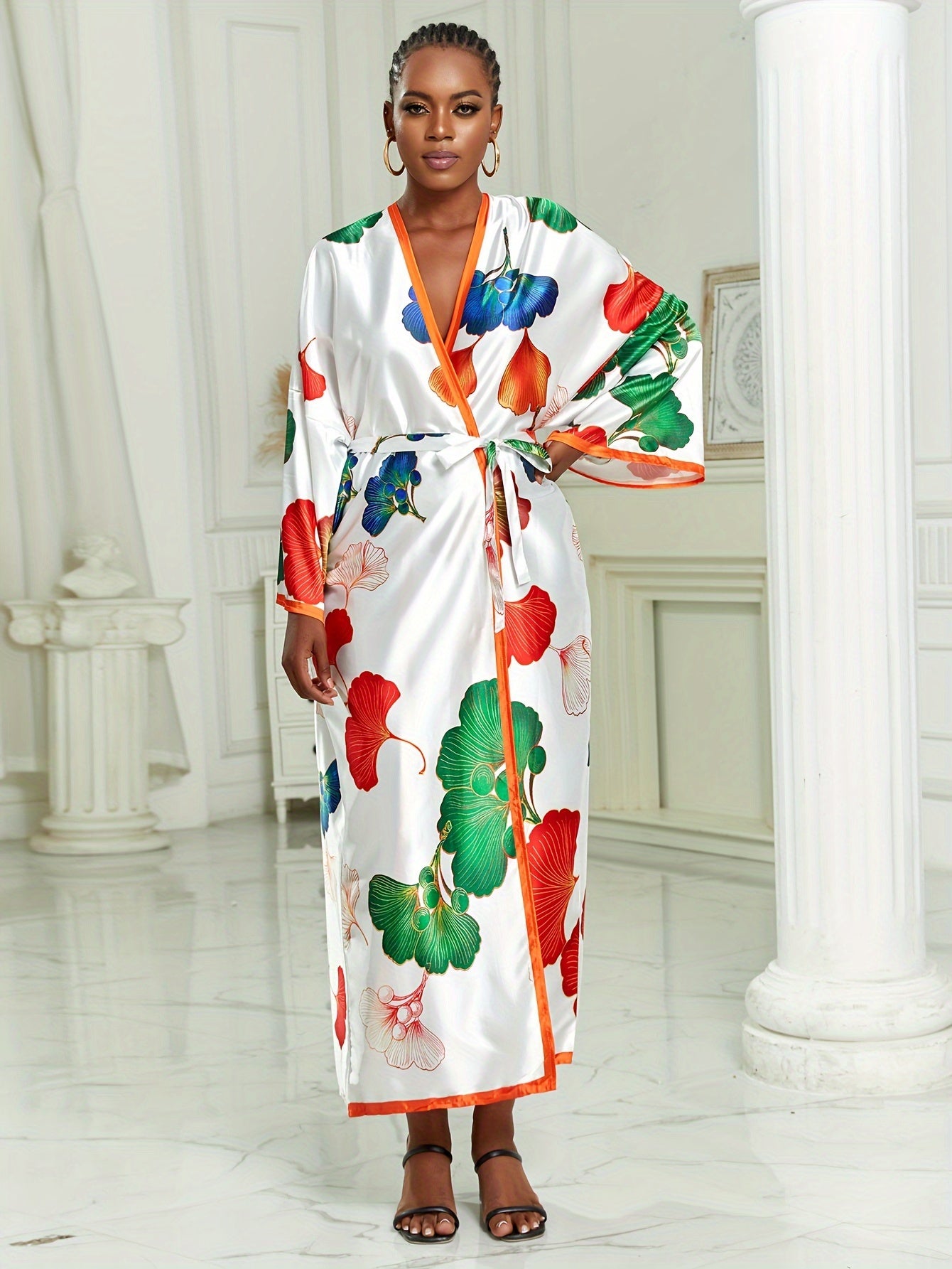 Boho Kimono Women's Plus Lotus Print Open Front Belted Cover Up