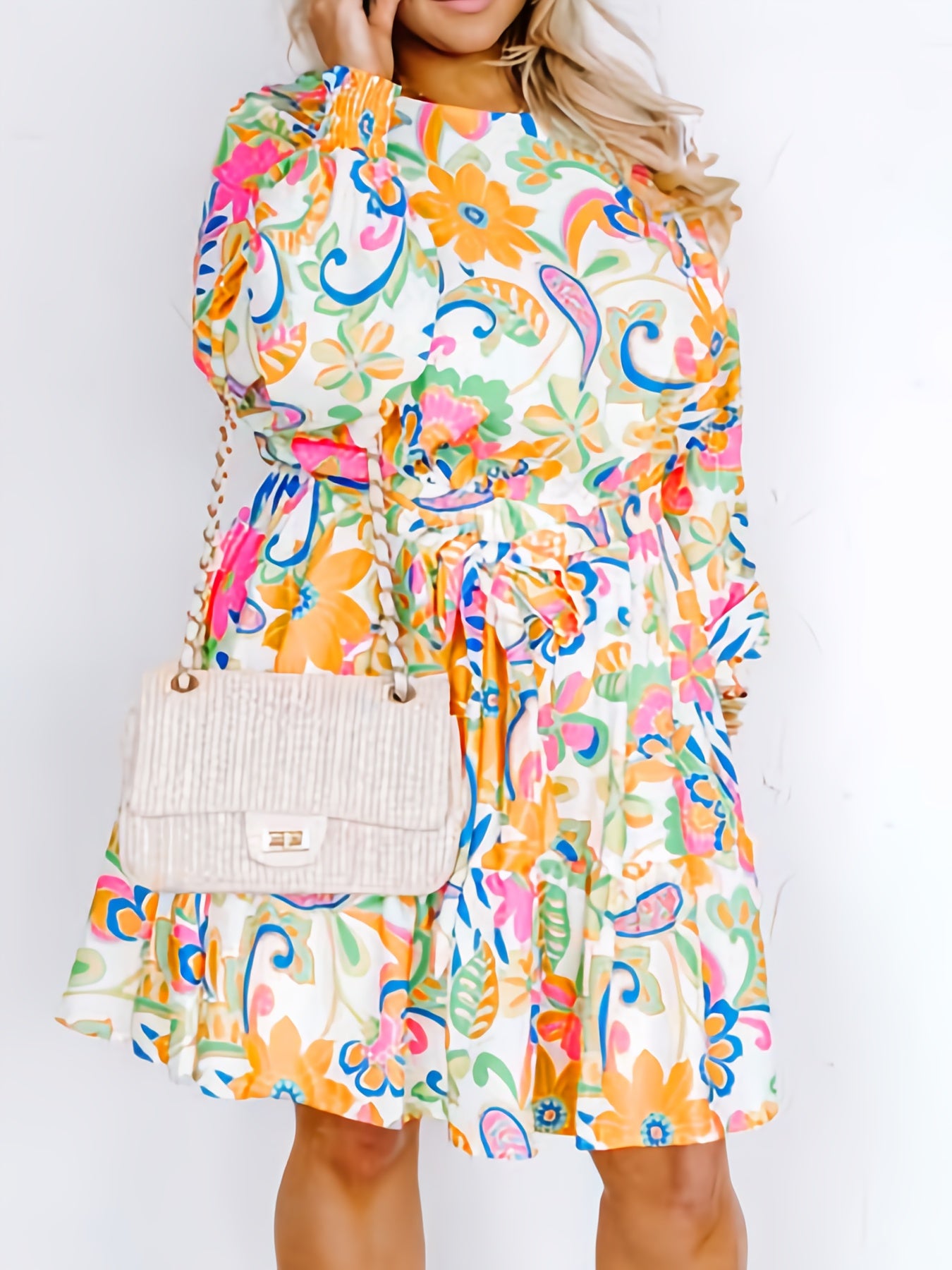  Paisley & Floral Print Shirred Dress