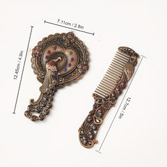 Vintage Mirror Comb Set Peacock Embossed Vanity Makeup Mirror