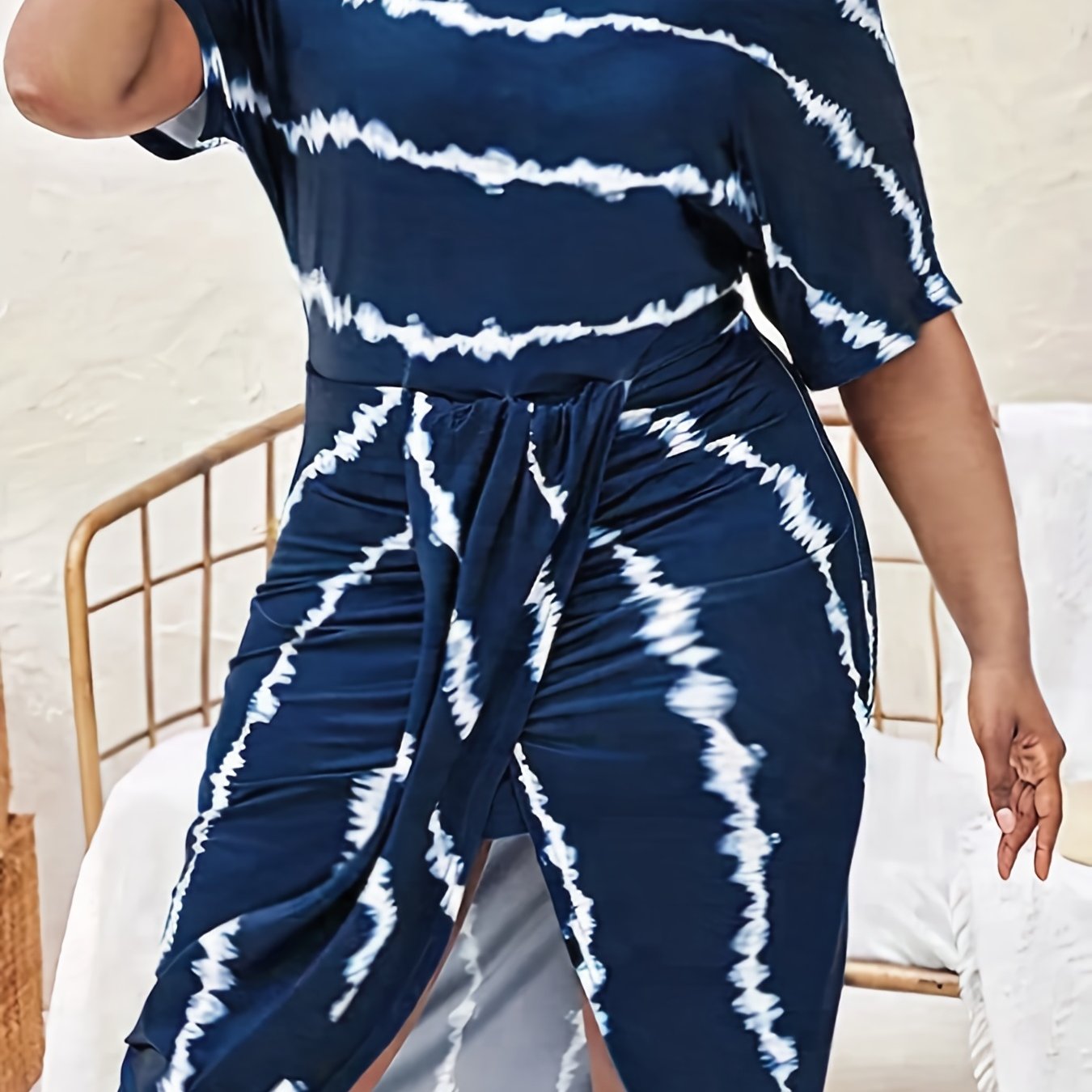  One Shoulder Striped Print Draped Front Dress