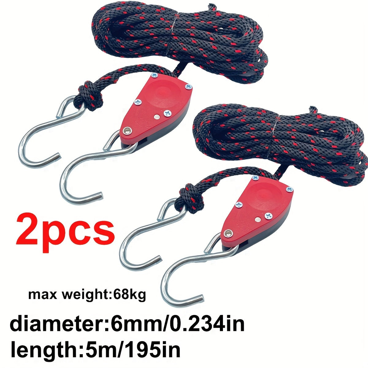 2pcs 6mm 5m Hook Rope Pulley Adjuster Tent Rope Camping Tie Down