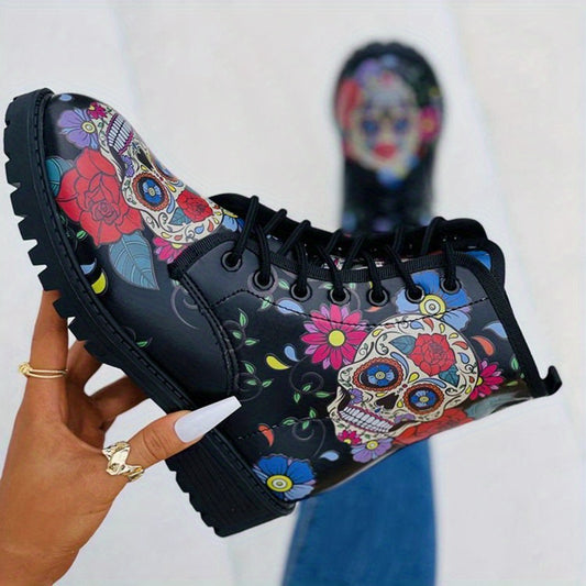 Skull & Rose Gothic Combat Boots Lace Up Ankle Halloween Shoes