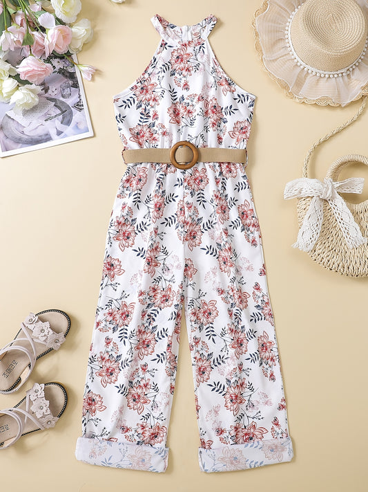 Girls Sleeveless Flowers Halter Neck Rompers Jumpsuits for Beach Vacation