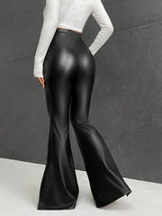  High Waist PU Leather Flared Leg Split Trousers