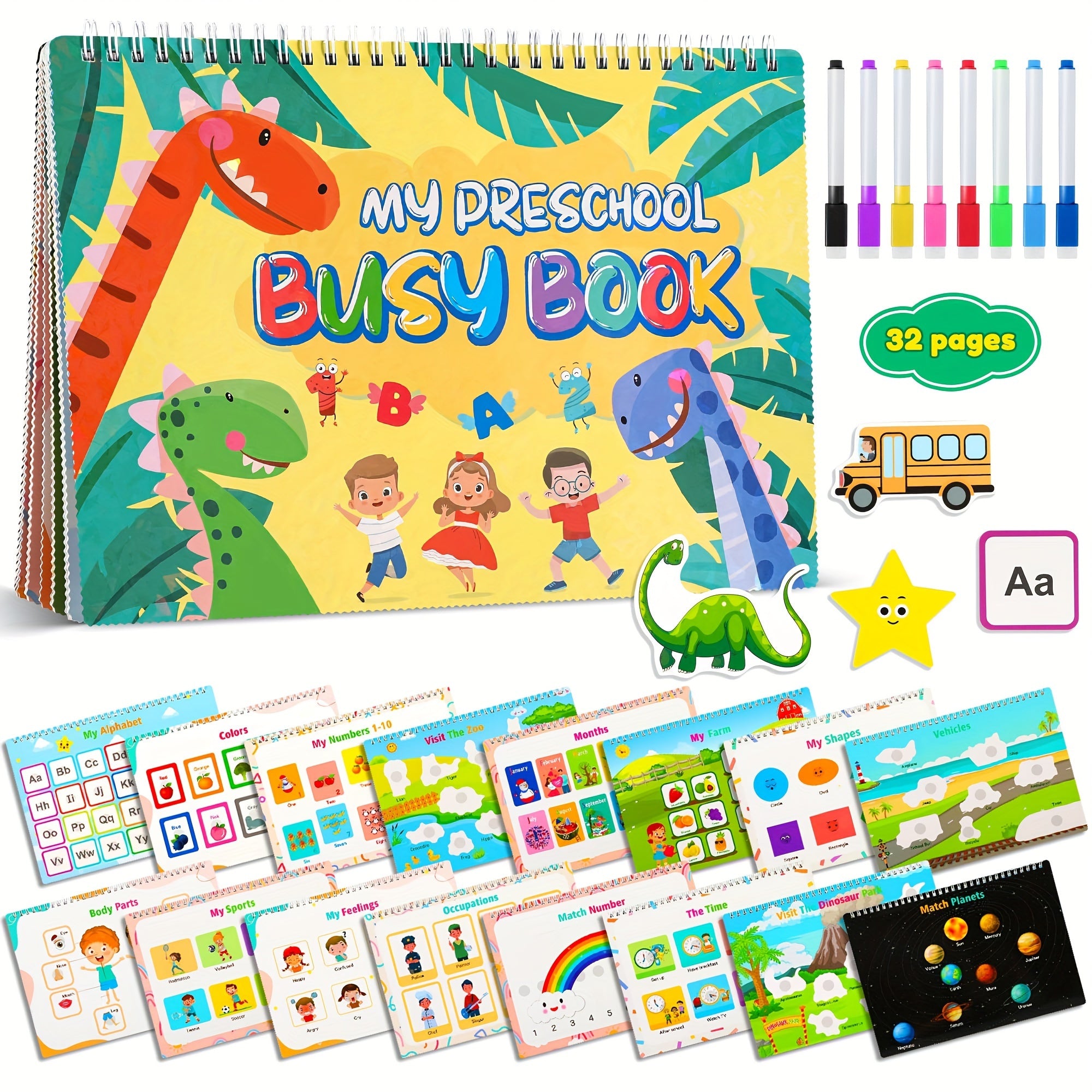 Dinosaur Themed Educational Busy Book with 32 Colorful Learning Activities