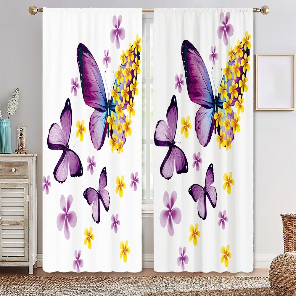 2pcs Dancing Butterflies Rod Pocket Curtain for Living Room Bedroom