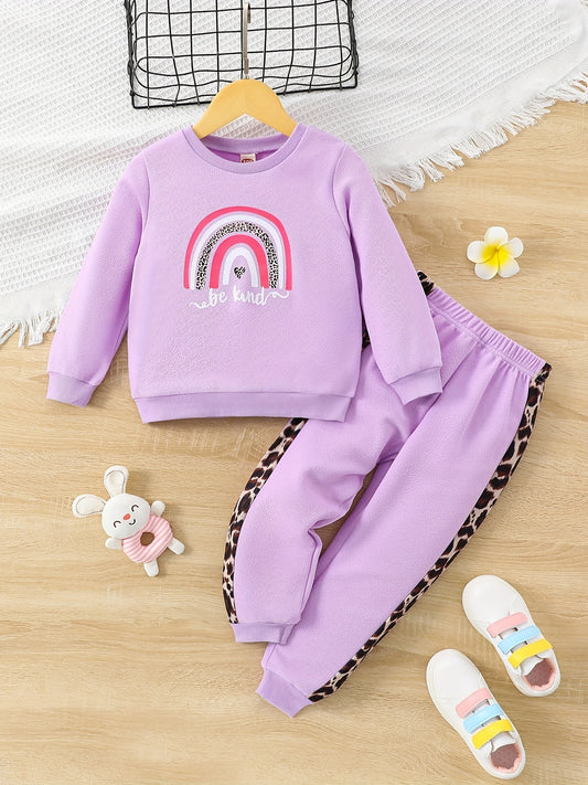 Girl's 2pcs Sweatshirt & Sweatpants Set BE KIND Rainbow Print Leopard Pattern