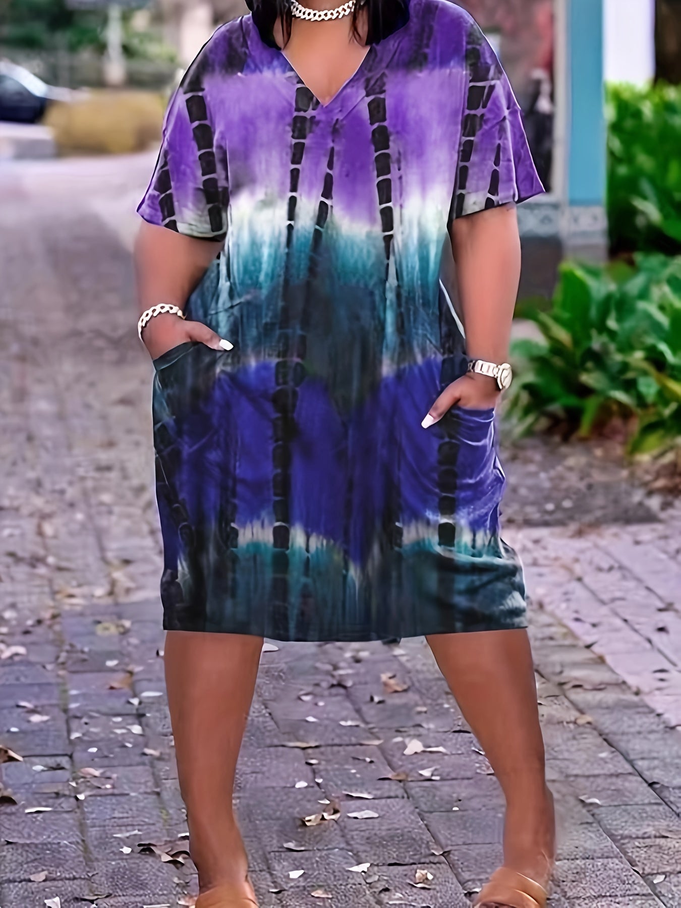  Tie Dye Ruched V Neck Dress With Pockets