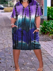  Tie Dye Ruched V Neck Dress With Pockets