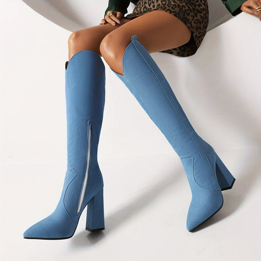 Women's Block Heel Western Boots Denim Comfortable Walking Shoes