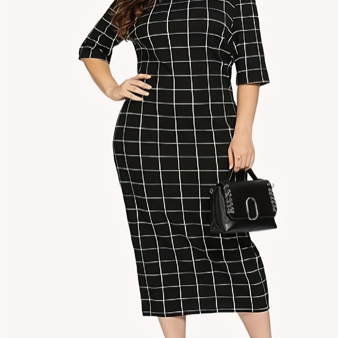  Grid Print Half Sleeve Round Neck Slim Fit Knee Length Dress