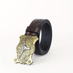 Long Horn Leather Belt Plaid Cattle Pattern Western Vintage