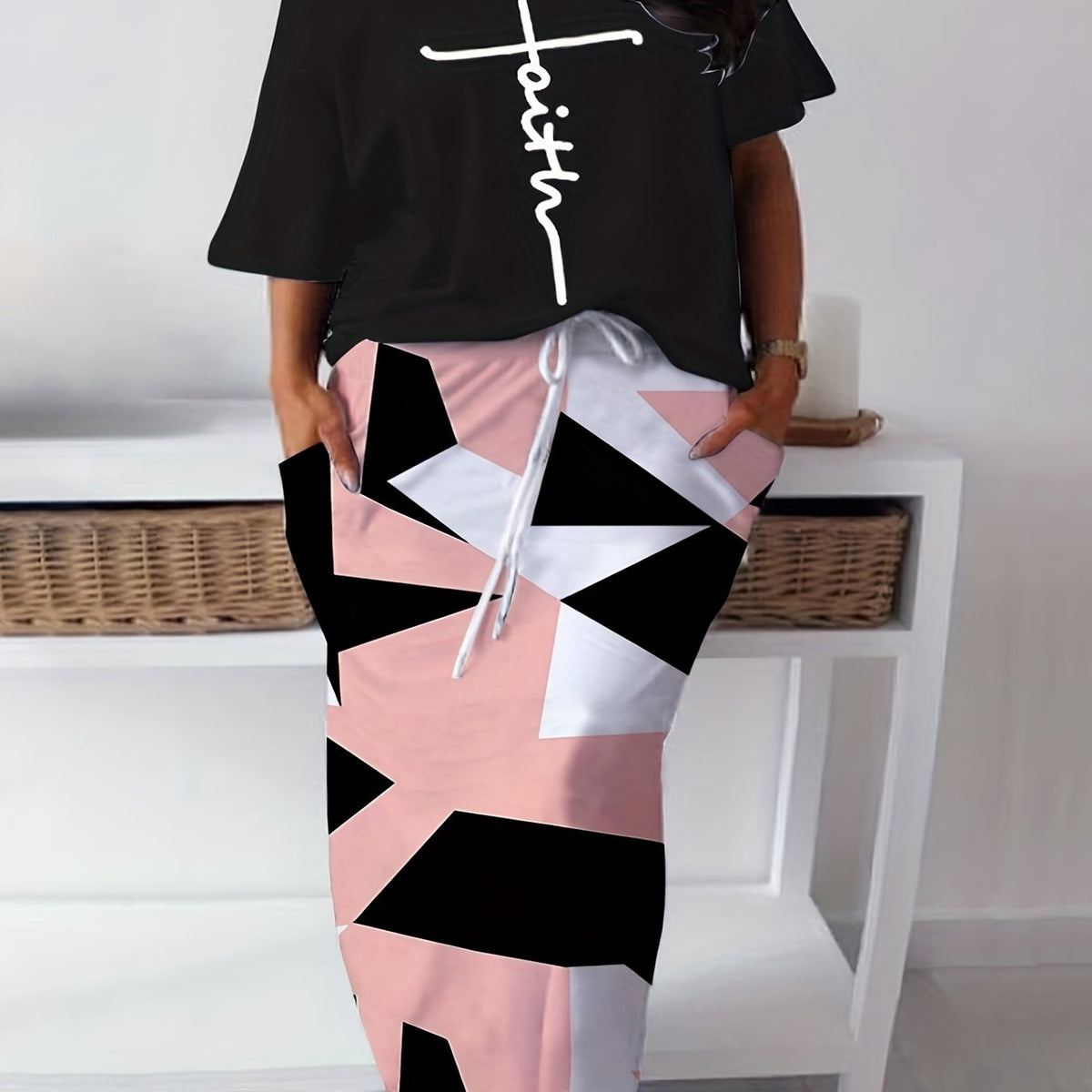  Cross Letter & Geo Print One Shoulder Top & Skirt Set