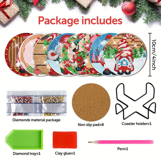 8pcs Christmas Candy Gnome Diamond Painting Coasters Kits