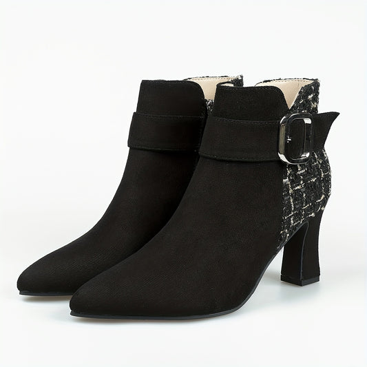 Women's Tweed High Heel Ankle Boots with Buckle Strap