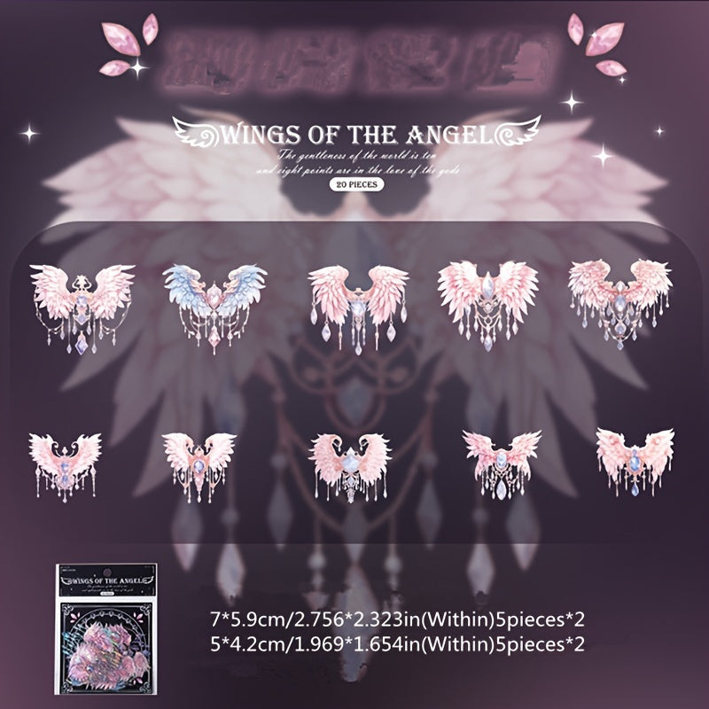 20pcs Angel Wings Theme Stickers Shimmery Glitter Self-adhesive PET Plastic
