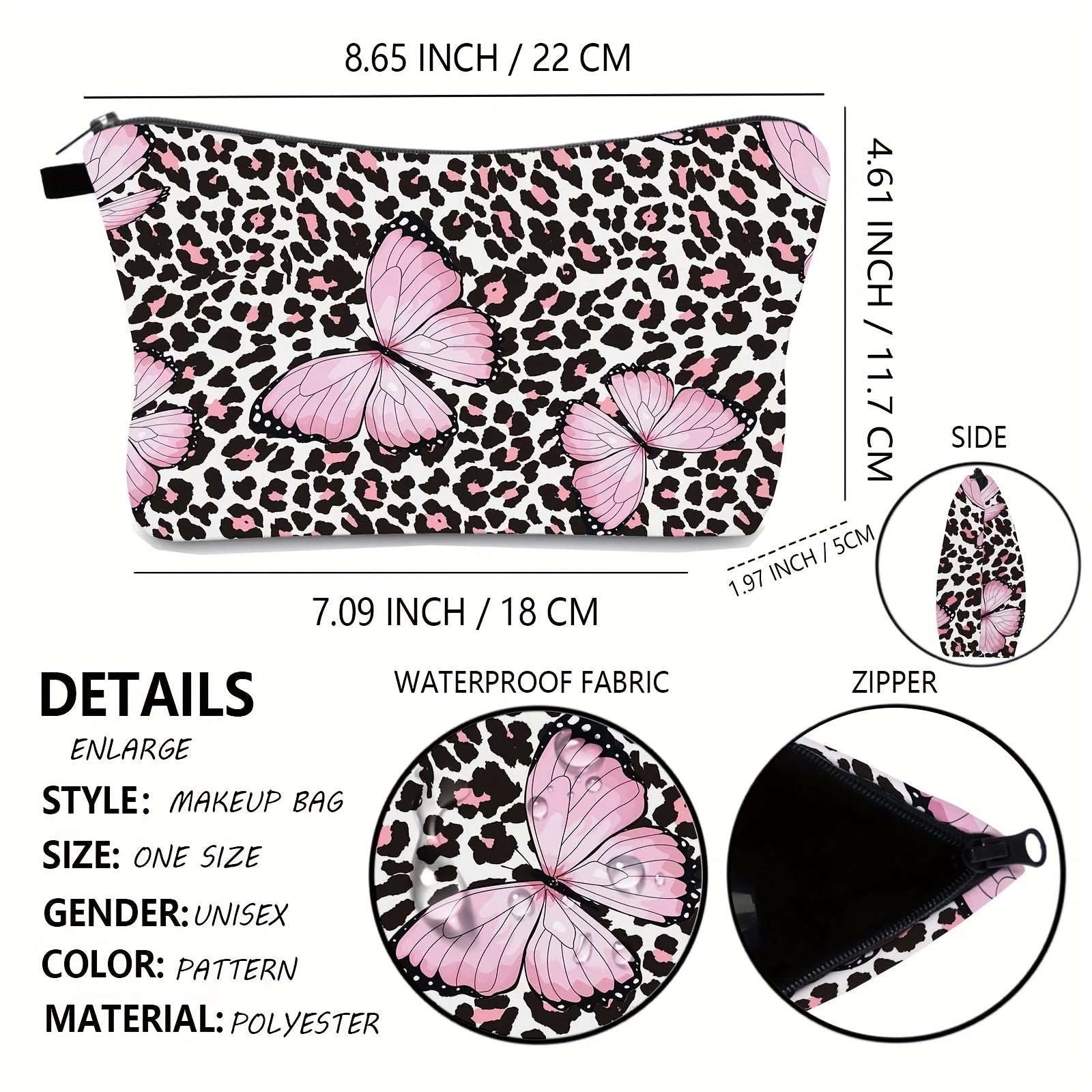 Leopard & Butterfly Makeup Bag Zipper Roomy Toiletry Travel Organizer Gift