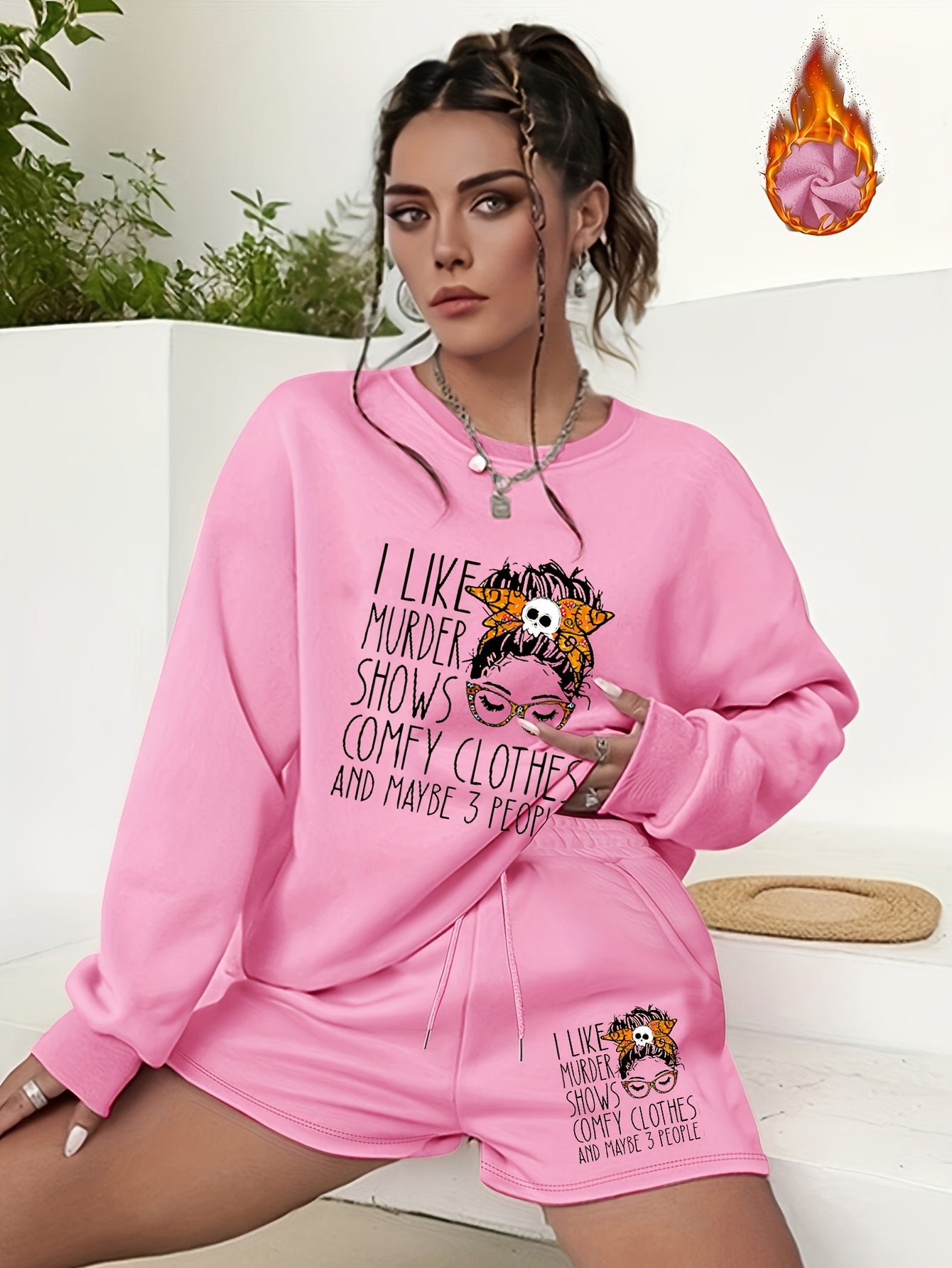  2pcs Set Women's Plus Letter & Graphic Print Sweatshirt & Shorts