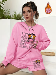  2pcs Set Women's Plus Letter & Graphic Print Sweatshirt & Shorts