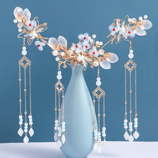 Faux Pearl Flower Hairpin Earring Set Wedding Bridal Hair Accessories