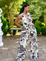 Abstract Print Surplice Neck Jumpsuit Sexy Sleeveless Drawstring Jumpsuit