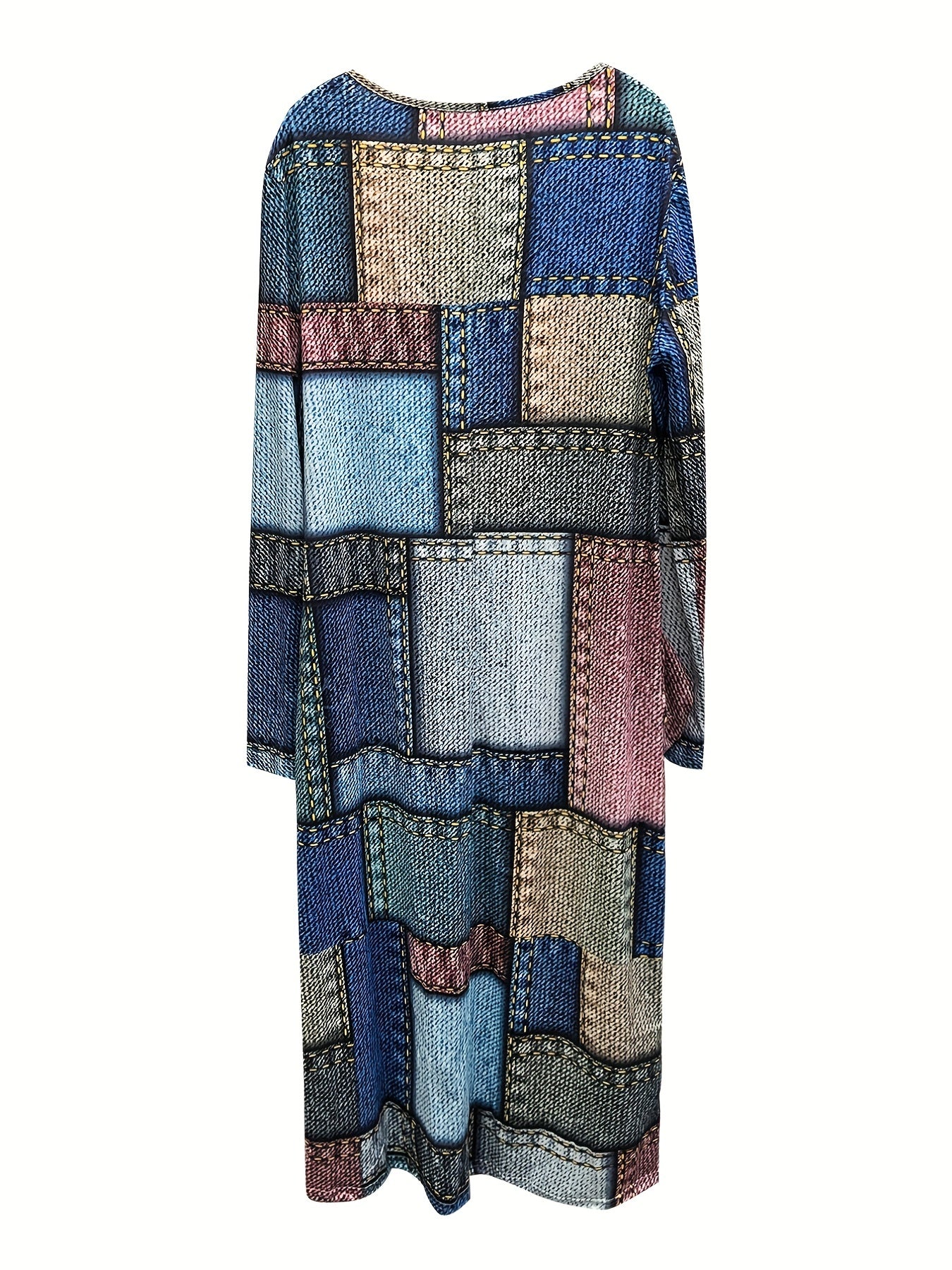  Colorblock Denim Print Long Sleeve Dress