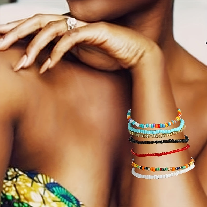 Boho Beaded African Anklets Multicolor Stretch Seed Beads 