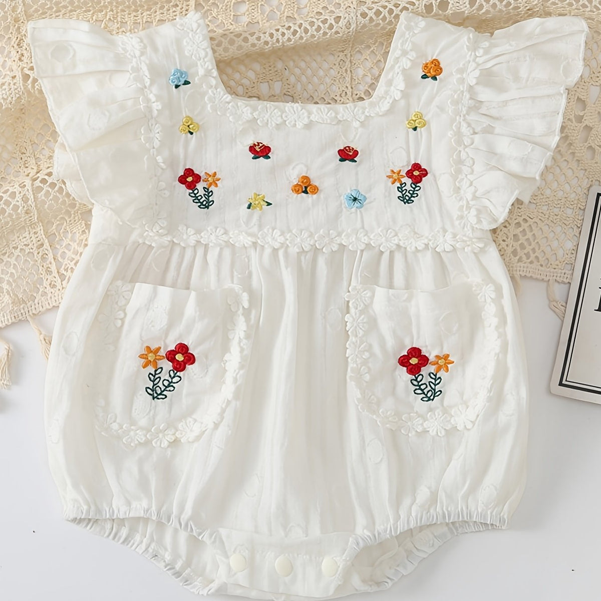 Infant Ruffles Short Sleeve Romper Flower Embroidery Bodysuit Onesies